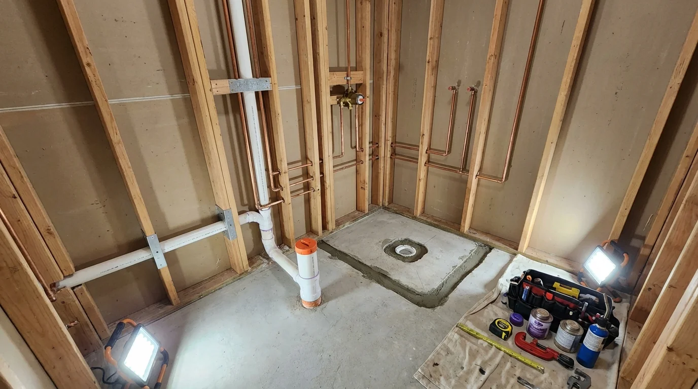 Bathroom rough-in plumbing during remodel by Johns Plumbing LLC in San Pablo