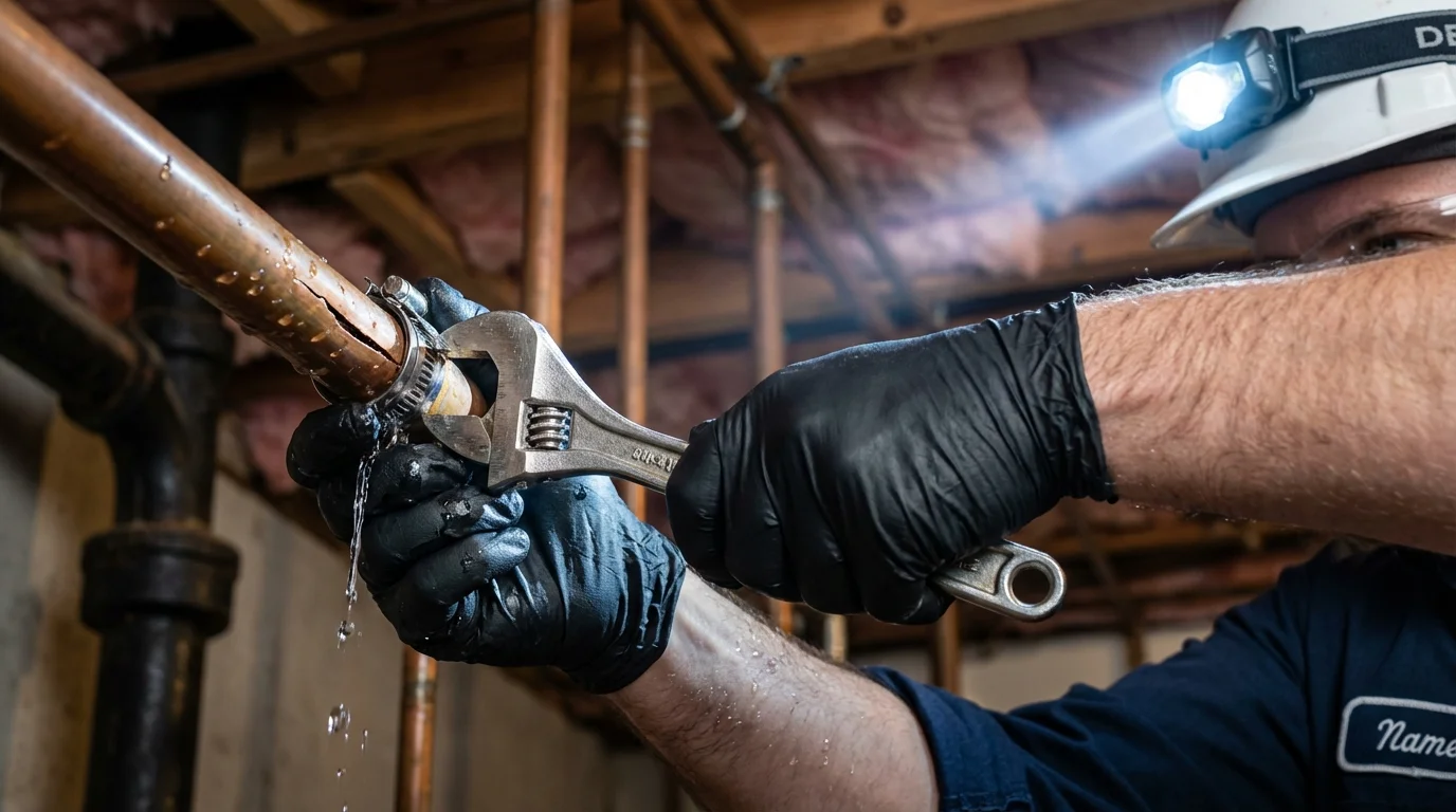 Emergency pipe clamp repair being performed by a Johns Plumbing LLC plumber in San Pablo