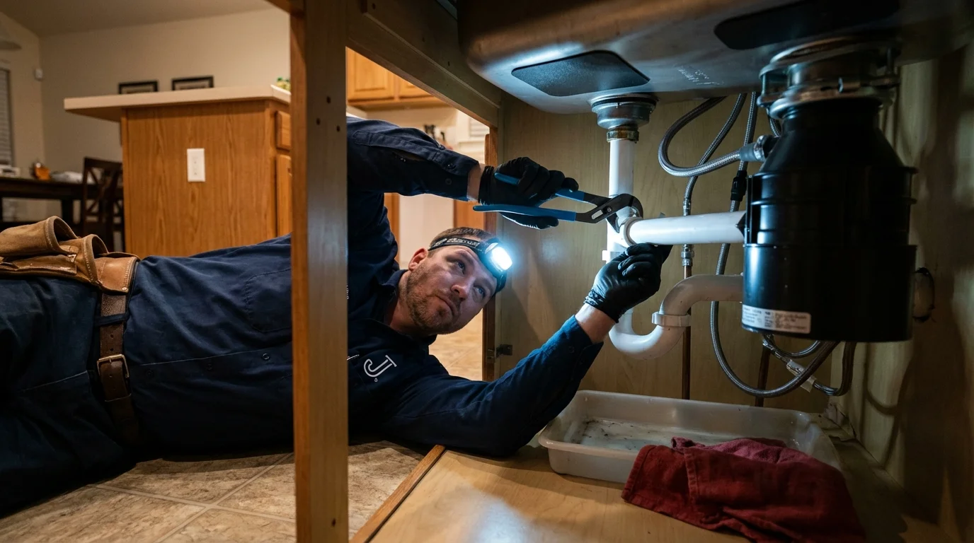 P-trap and supply line connections under a kitchen sink showing a common leak point in San Pablo, CA